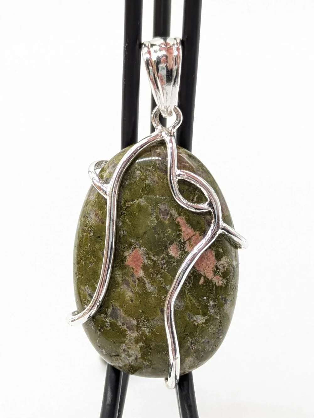 Large Unakite Green Pink Silver Tone Metal Wrapped Necklace Charm Pendant